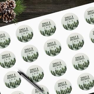 Evergreen Mountain Forest Green White Black Names Classic Round Sticker