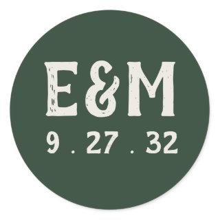 Evergreen Mountain Forest Green White Initials Classic Round Sticker