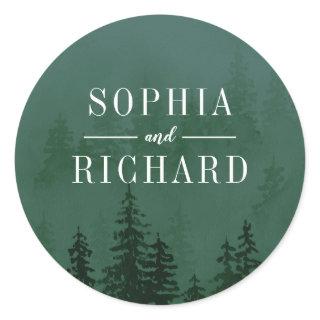 Evergreens in the Fog Forest Dark Green Wedding Classic Round Sticker