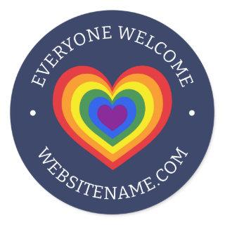 Everyone Welcome LGBTQ Rainbow Heart Website Navy Classic Round Sticker
