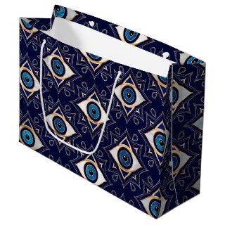 Evil Eye Ornament Pattern -  Dark Blue and gold Large Gift Bag