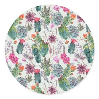 Exotic Boho Watercolor Cactus & Succulent Pattern Classic Round Sticker