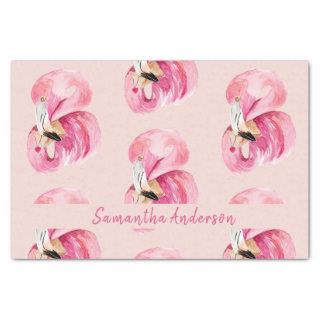 Exotic Pink Watercolor Flamingo Pattern & Name Tissue Paper