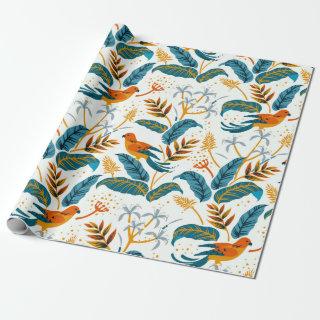 Exotic tropical birds and leaves pattern
