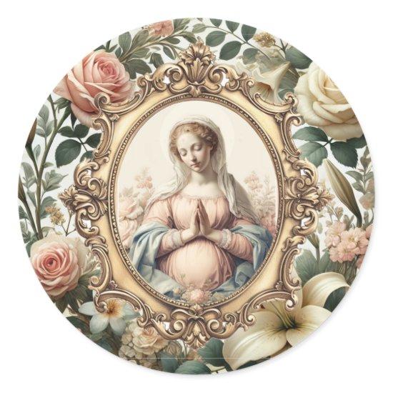 Expectant Virgin Mary with Floral Ornate Frame Classic Round Sticker