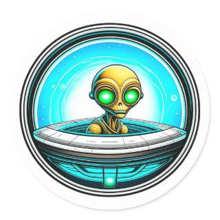 Extra Terrestrial Alien Flying in a UFO Classic Round Sticker