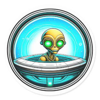 Extra Terrestrial Alien Flying in a UFO Classic Round Sticker