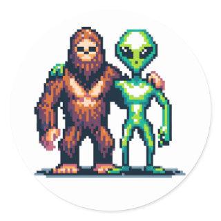 Extraterrestrial Alien Being and Bigfoot Pixel Art Classic Round Sticker