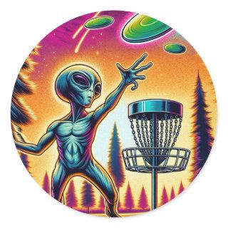 Extraterrestrial Alien Disc Golfing  Classic Round Sticker