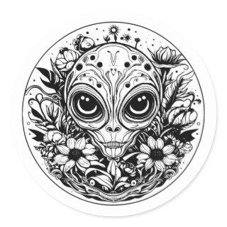 Extraterrestrial Alien in Flowers Black and White Classic Round Sticker