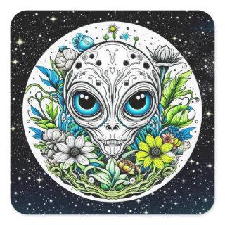 Extraterrestrial Alien in Flowers  Square Sticker