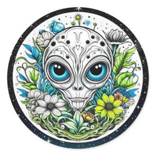 Extraterrestrial Alien in Flowers Starry Night Classic Round Sticker