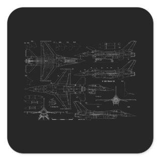 F16 Jet Aircraft Fighter Jet Blueprint Design Square Sticker