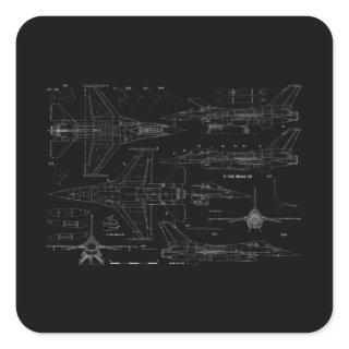 F16 Jet Aircraft Fighter Jet Blueprint Design Square Sticker