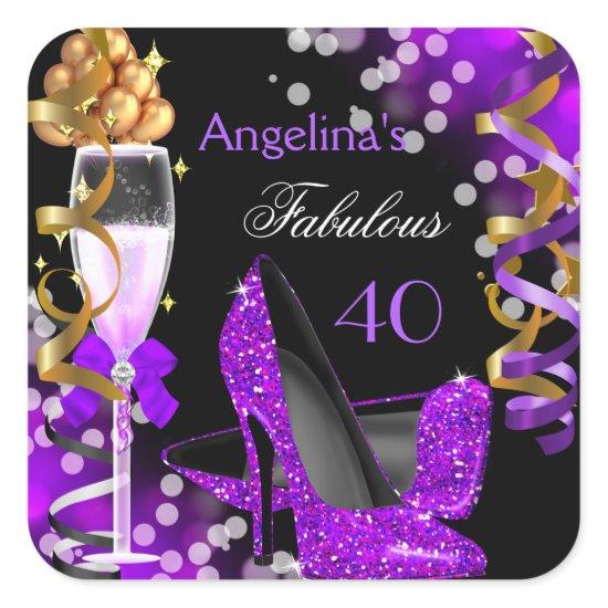 Fabulous 40 Purple Heels Gold Bubbles Birthday Square Sticker