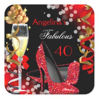 Fabulous 40 Red Heels Gold Bubbles Birthday Party Square Sticker