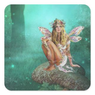 Fairy Sitting on a Mushroo Fantasy Square Stickers