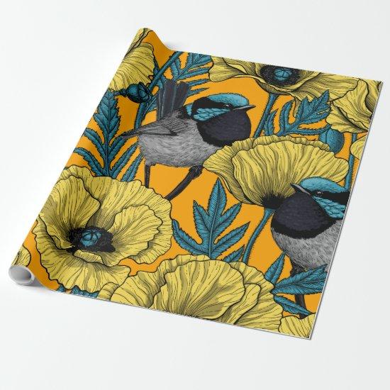 Fairy wren and poppies in yellow