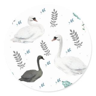 Fairytale Swan Illustration Folk Botanical Pattern Classic Round Sticker