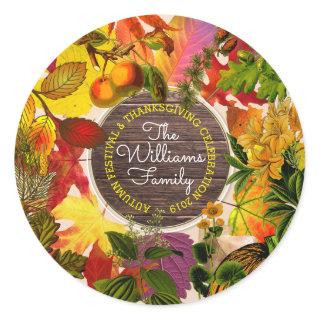 Fall Autumn Leaves Collage Monogram Vintage Wood Classic Round Sticker