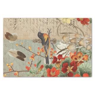 Fall Bird Orange Floral Foliage Script Decoupage Tissue Paper