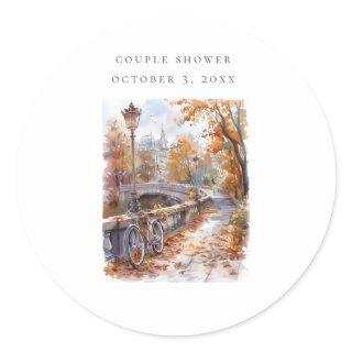 Fall Bridge With Bicycle Couple Shower Classic  Classic Round Sticker