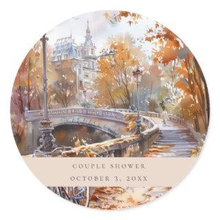 Fall Bridge With Bicycle Couple Shower Classic  Classic Round Sticker