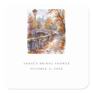 Fall Bridge With Bicycle Wedding Bridal Shower Square Sticker
