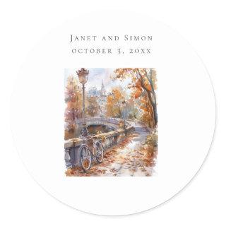 Fall Bridge With Bicycle Wedding Classic  Classic Round Sticker