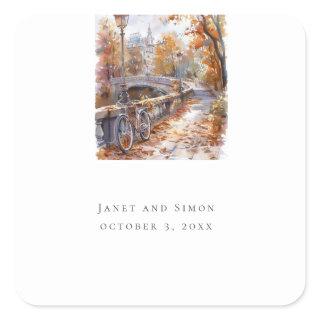 Fall Bridge With Bicycle Wedding Classic  Square Sticker
