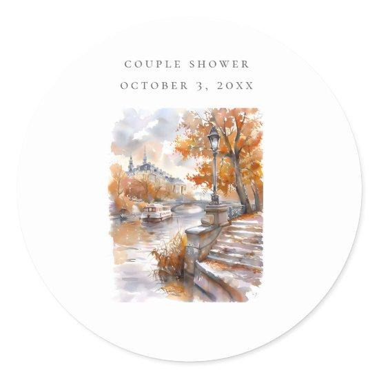 Fall Bridge With River Couple Shower Classic  Classic Round Sticker