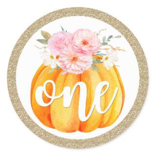 Fall Floral Pumpkin Baby Girl's 1st Birthday ONE Classic Round Sticker