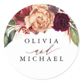 Fall Flower Burgundy and Orange Elegant Classic Round Sticker