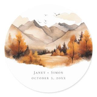 Fall Forest Mountains Scene Wedding Classic  Classic Round Sticker