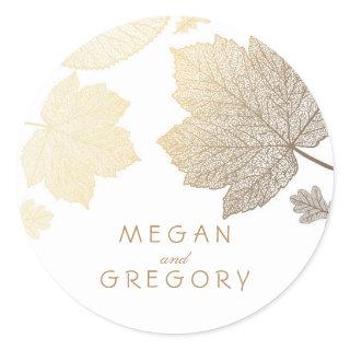 Fall Gold and White Leaves Wedding Classic Round Sticker