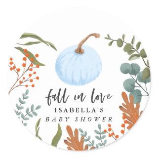 Fall in Love Blue Pumpkin Autumn Baby Shower Classic Round Sticker