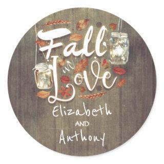 Fall in Love Rustic Wedding Mason Jar Lights Classic Round Sticker