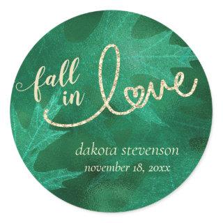Fall in Love with Autumn | Jade Green and Gold Classic Round Sticker