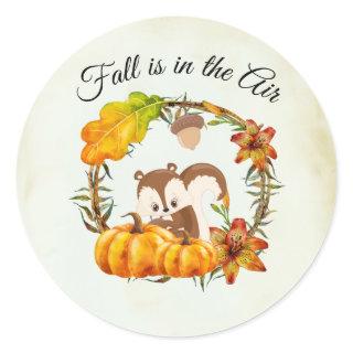 Fall is in the Air Typography with Squirrel Classic Round Sticker