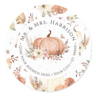 Fall Pumpkin Floral Autumn Leaf Return Address Classic Round Sticker
