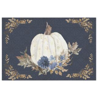Fall Pumpkin Floral n Foliage Watercolor Navy Blue Tissue Paper