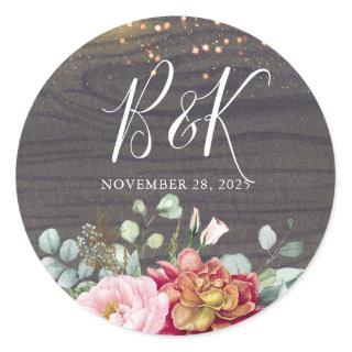 Fall Rustic Flowers Wood Texture Wedding Classic Round Sticker