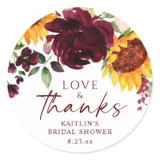 Fall Sunflowers & Burgundy Roses Bridal Shower Classic Round Sticker