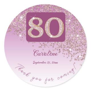 Falling Rose Gold Glitter, 80th Birthday Thanks Classic Round Sticker