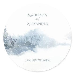 Falling Snow Blue and White Wedding Classic Round Sticker