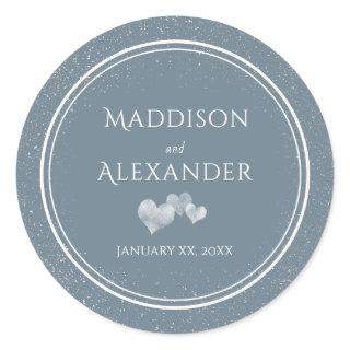 Falling Snow, Blue and White Wedding Classic Round Sticker