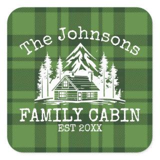 Family Cabin Green Plaid Themed Name Personalized Square Sticker