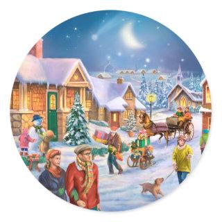 Family in snowy christmas village classic round sticker