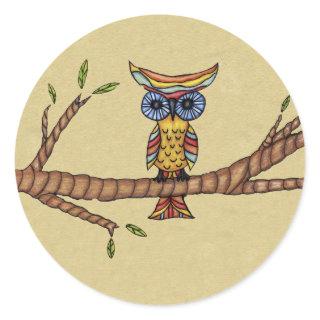 Fancy Colorful Owl Branch Classic Round Sticker