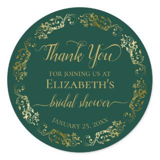 Fancy Emerald Green & Gold Thank You Bridal Shower Classic Round Sticker